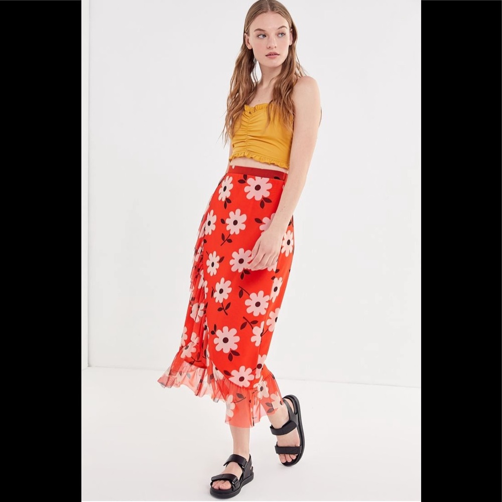 Urban Outfitters Red Floral Mesh Layered Ruffle Midi Skirt NWOT